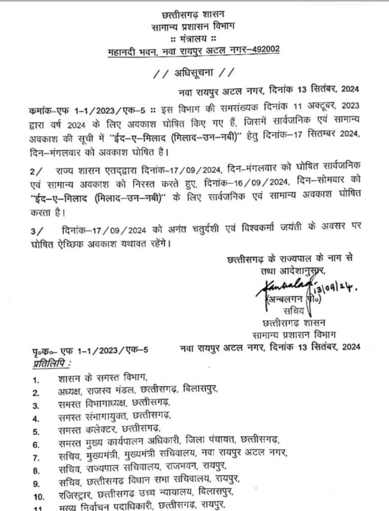 Breaking News : छग शासन ने किया ईद-ए-मिलाद’ पर 16 सितंबर को सार्वजनिक एवं सामान्य अवकाश घोषित